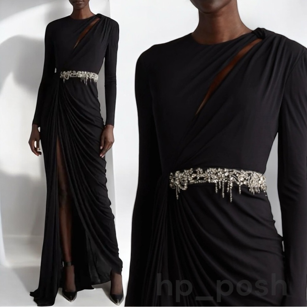 ALEXANDER MCQUEEN crystal-embellished Belted CutOut Ruched Jersey Column Gown